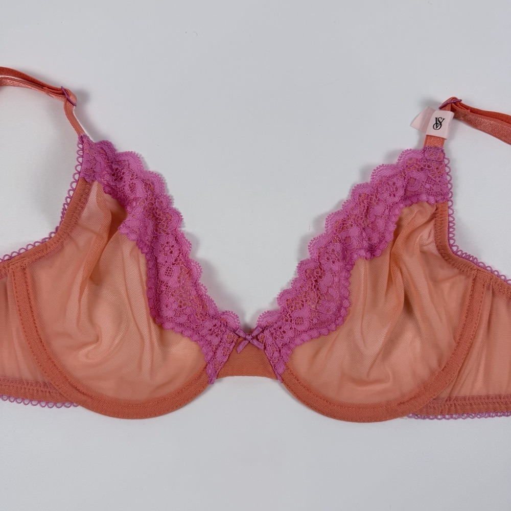 Victoria's Secret Tease Unlined Demi Bra Orange Mesh Sheer Pink Lace 32DD NWT